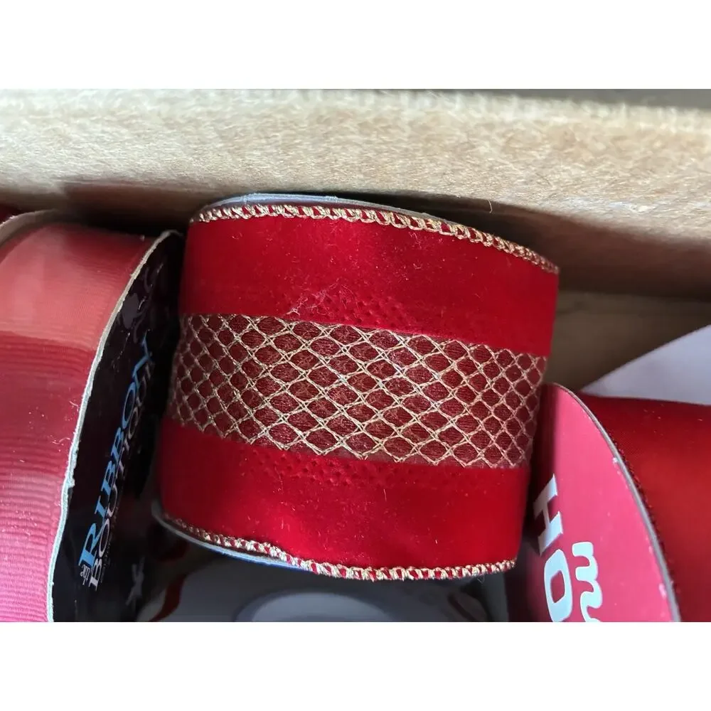 VTG 15 Christmas Holiday Gift Wrapping Ribbon Roll RED White velvet Satin Lot 15